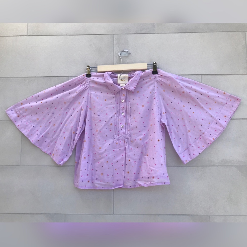 Purple shirt with draped detail & 3/4 bell sleeve